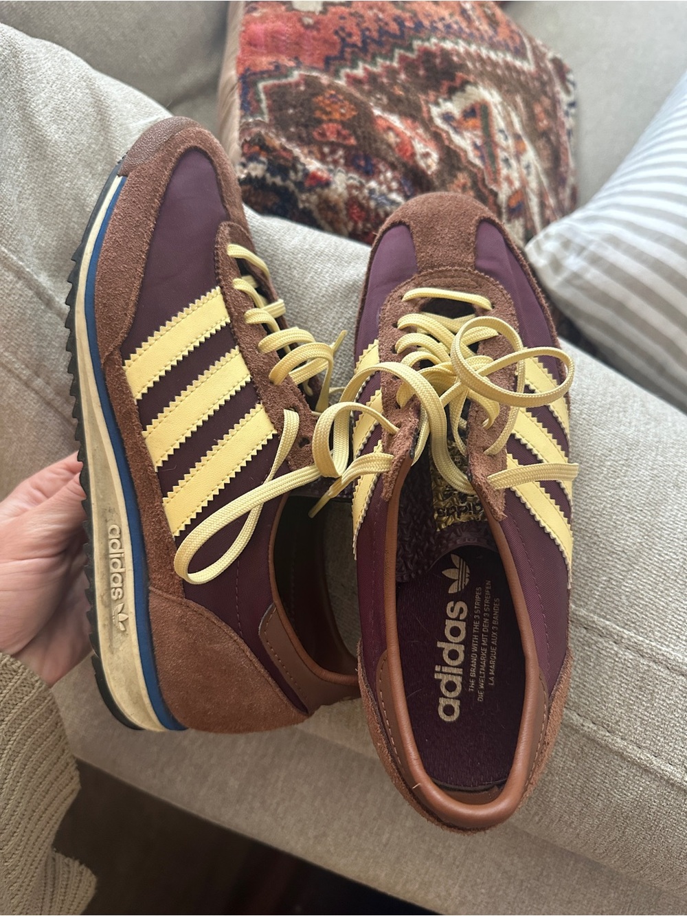adidas women’s Maroon and Tan Retro Runner Sneakers with butter yellow Stripes